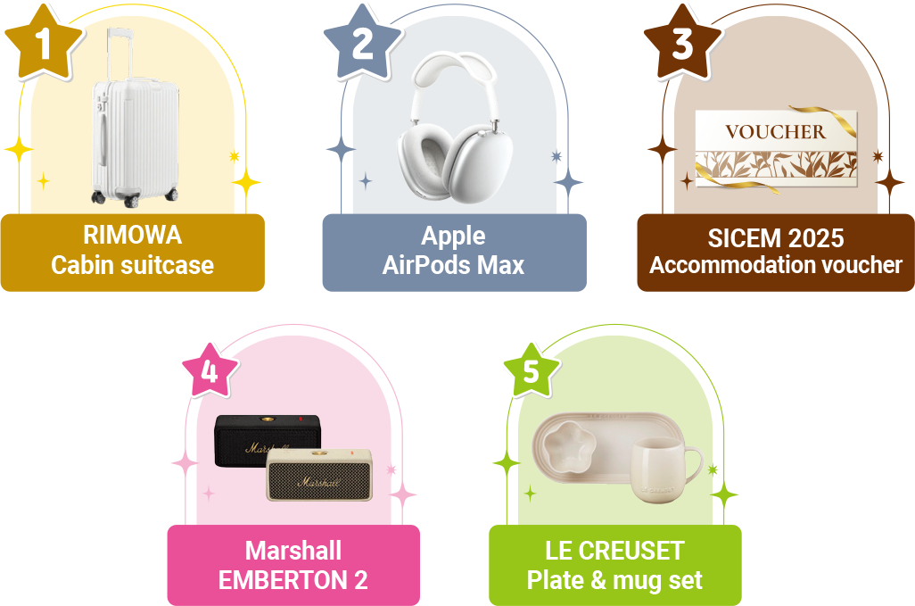 1.RIMOWA Cabin suitcase 2.Apple AirPods Max 3.SICEM 2025 Accommodation voucher 4.Marshall EMBERTON 2 5.LE CREUSET Plate & mug set